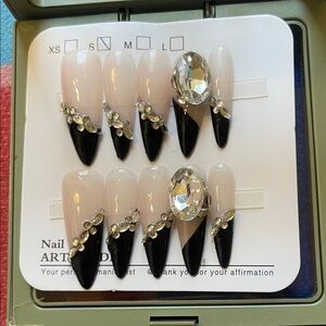 Elegant Black and Nude Press-On Nails with Rhinestones